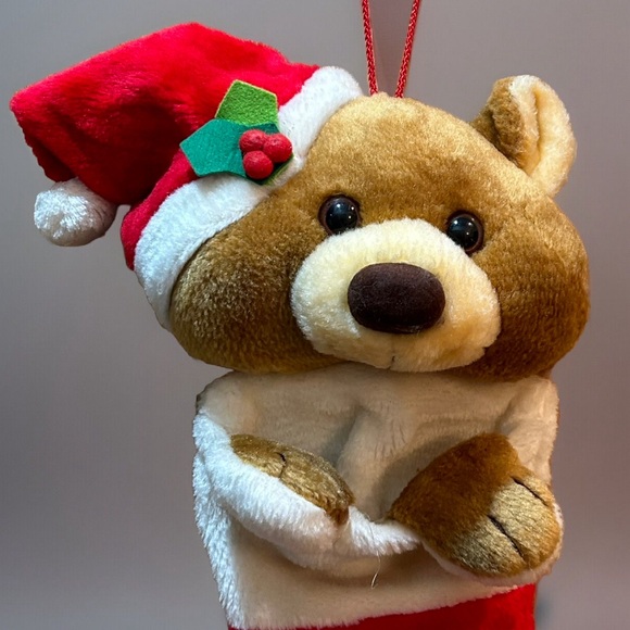 Vtg Smithy Stuffed Teddy Bear stocking Plush Santa Hat Red Christmas Holiday - Picture 4 of 5